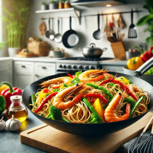 DALL·E 2024-08-31 18.37.37 - A vibrant kitchen scene featuring a variety of Asian dishes cooked in a wok, including stir-fried noodles, pepper shrimp, and chicken kum pao, all arr